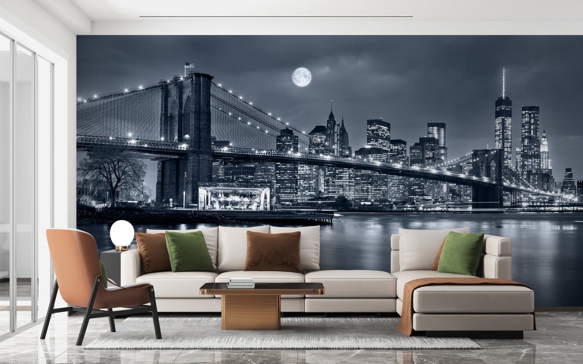 New York City Lights self adhesive mural behind a modern cream sectional sofa.