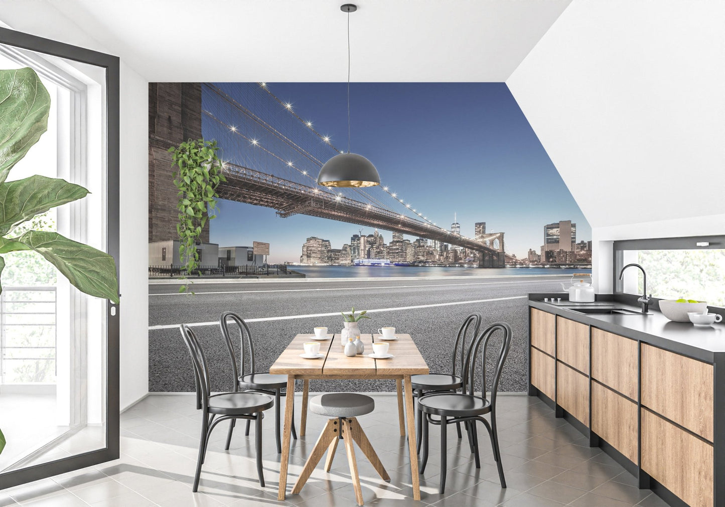 Urban skyline wall mural in a minimalist dining area with black chairs and wood table.