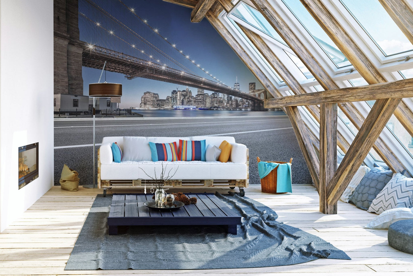 New York bridge wall mural behind a white sofa in a bright attic living room.