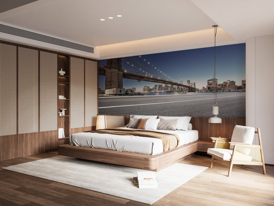 Skyline wall mural in a sleek bedroom with warm wood paneling and a white rug.
