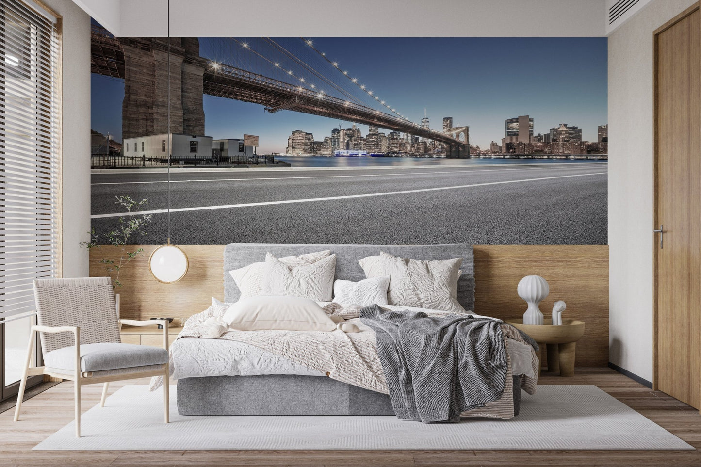 New york brooklyn bridge wall mural as a bedroom headboard feature with grey accents.