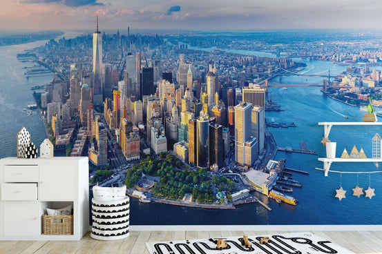 New york skyline wall mural with aerial cityscape sunset view.