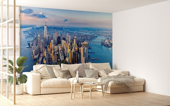 NYC skyline wall mural with Iconic skyscrapers.