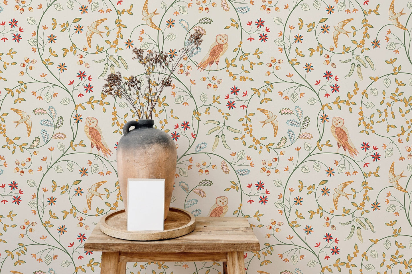 Small flower pattern wallpaper used as a backdrop for a ceramic vase on a table