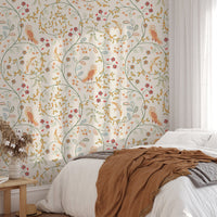 Newill Peppermint Russet Flower Wallpaper used in a master bedroom with orange accents