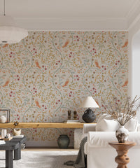 Vintage style flower wallpaper in a bright living room with white furniture