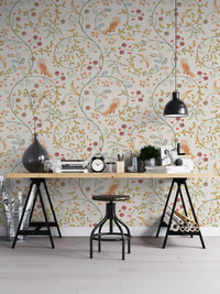 Classic flower wallpaper behind a large studio desk with metal stools