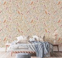 Newill Peppermint Russet Flower Wallpaper in a bedroom with wooden side tables