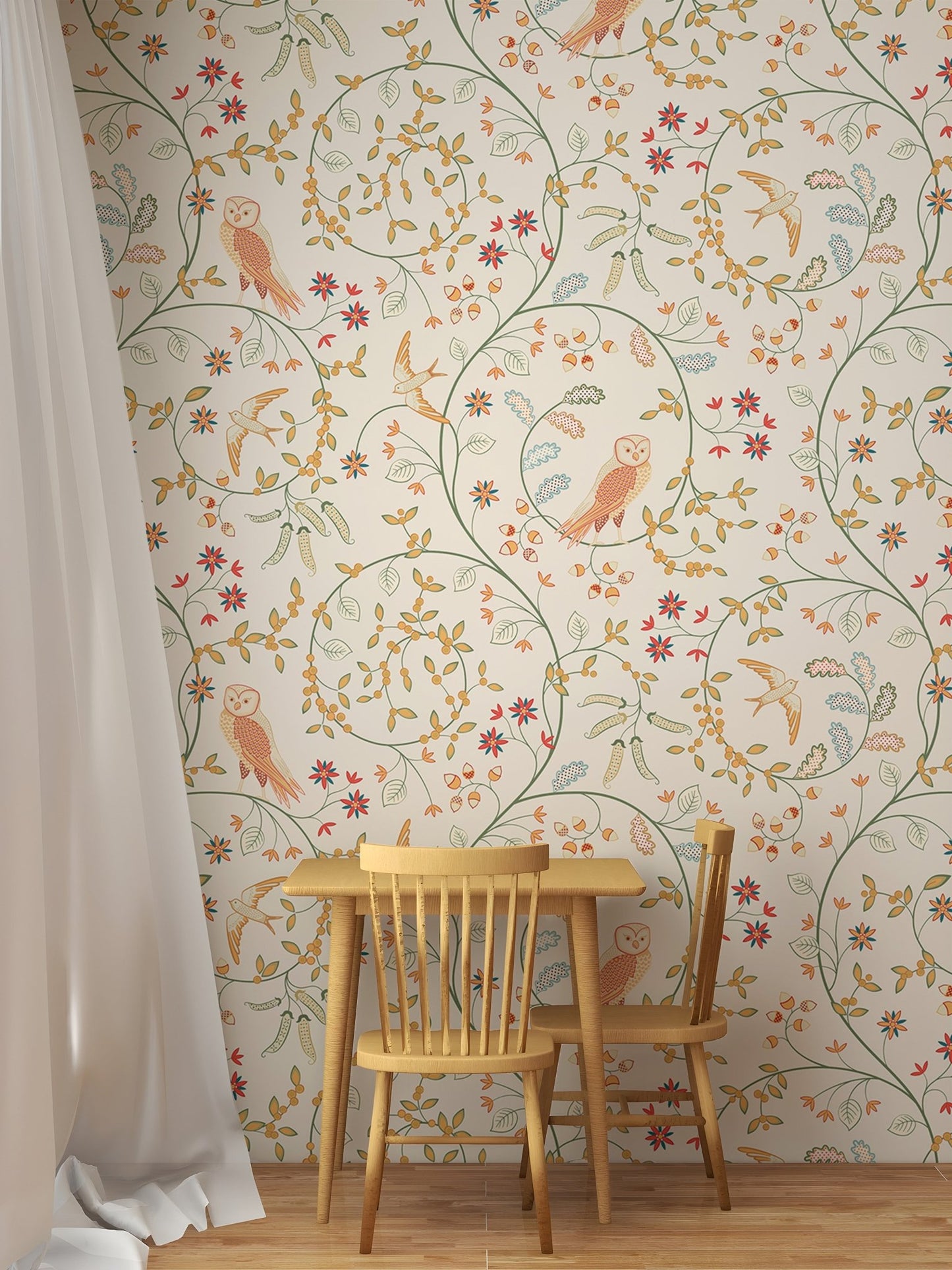 Soft green and russet flower wallpaper in a dining area with wooden furniture