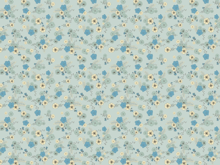 Ditsy Blooms Pastel Blue Wallpaper in your room — zoomed