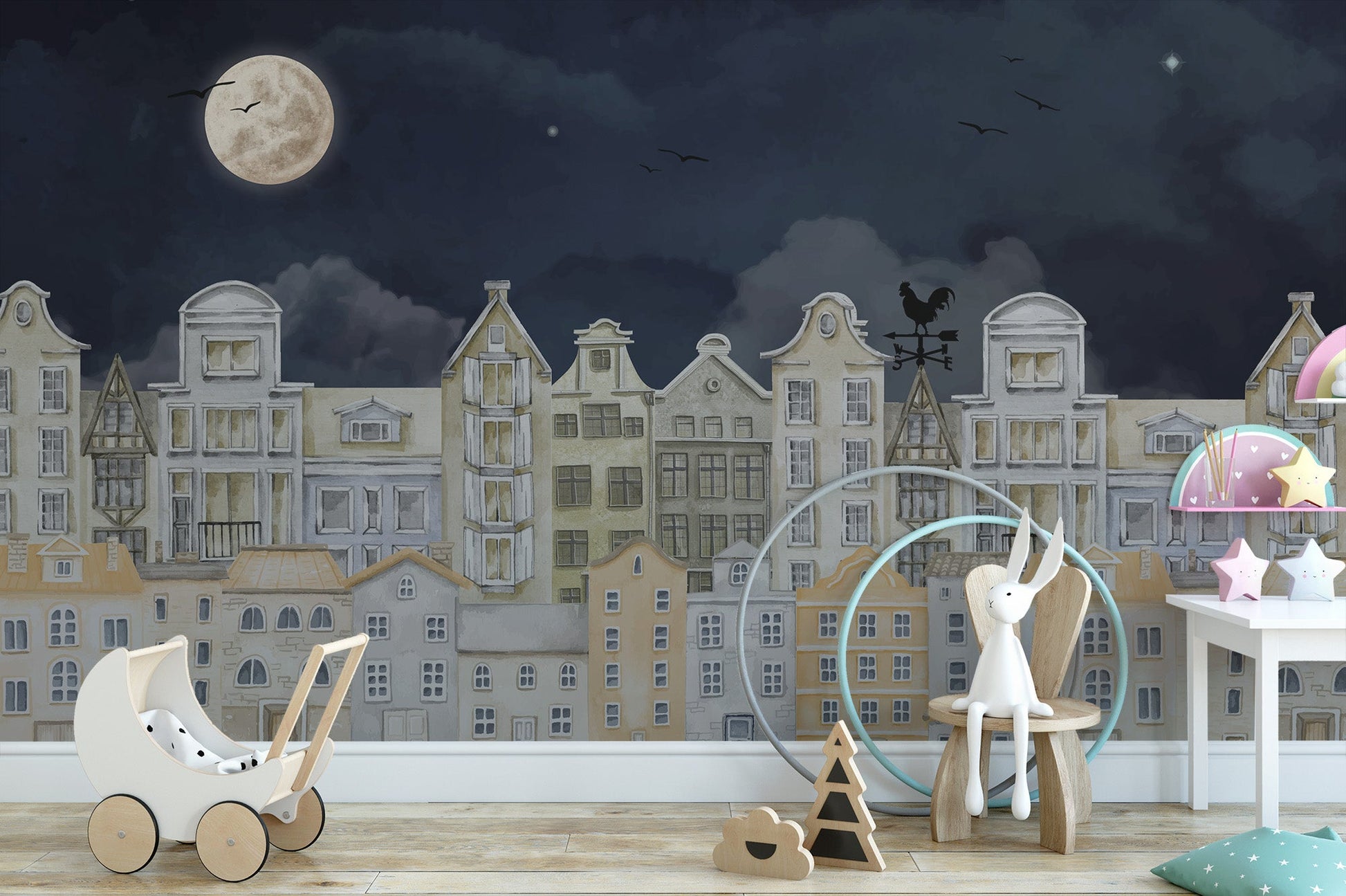 Night Cityscape Houses Wall Mural - Wallanza