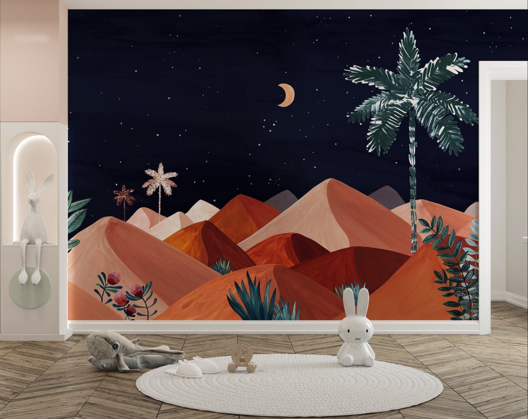 Starry desert wall mural with layered sand hills and dark navy sky.