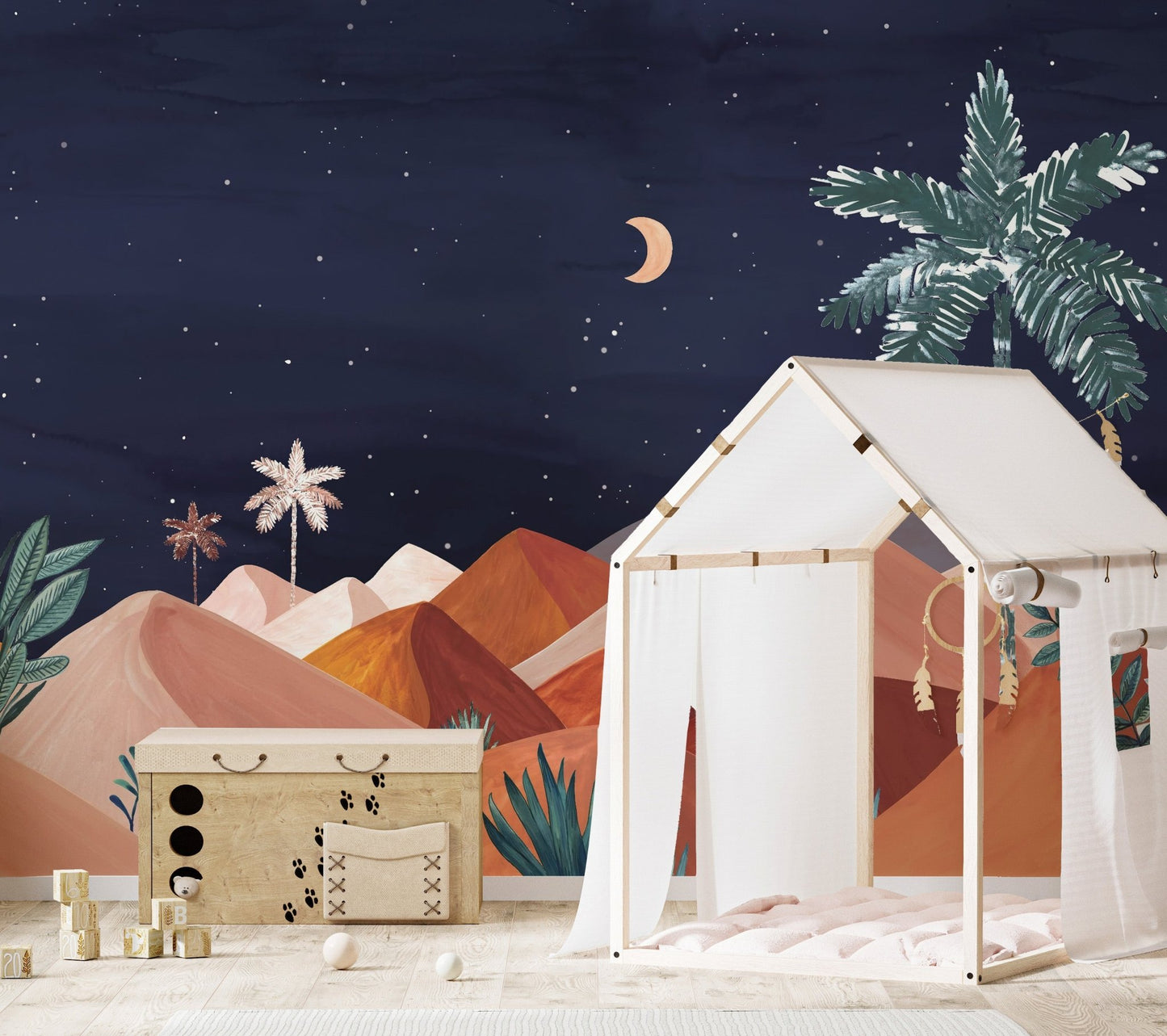 Celestial desert wall mural with soft hills, palms, and starry accents.