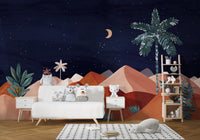 Moonlit dunes wall mural in terracotta tones with palm silhouette.