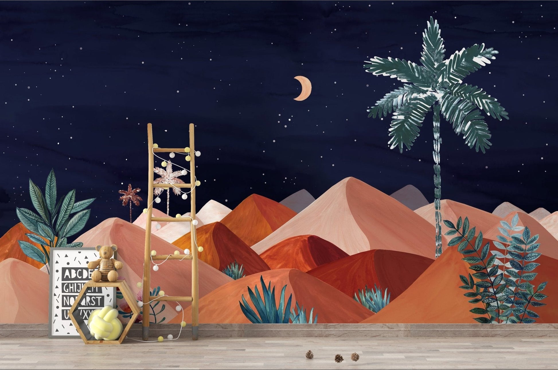 Desert landscape wallpaper with blush dunes and a small crescent moon.