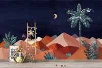 Desert landscape wallpaper with blush dunes and a small crescent moon.