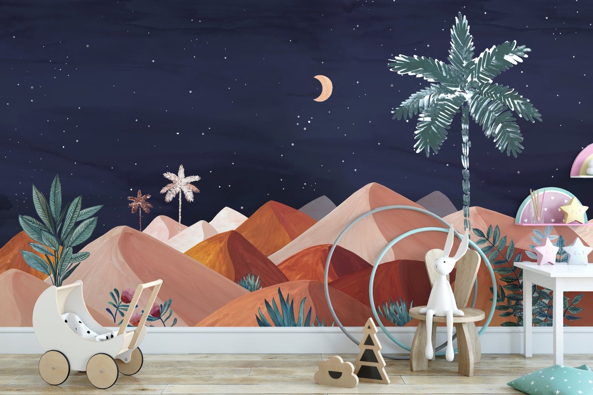 Minimal palm tree wall mural under a star-filled midnight sky.