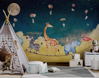 Blue starry night wall mural with animals on a tightrope for playrooms.