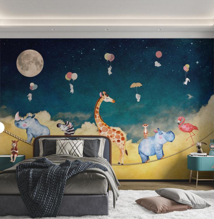 Night Sky Safari Wall Mural with giraffe and zebra for kids bedroom.