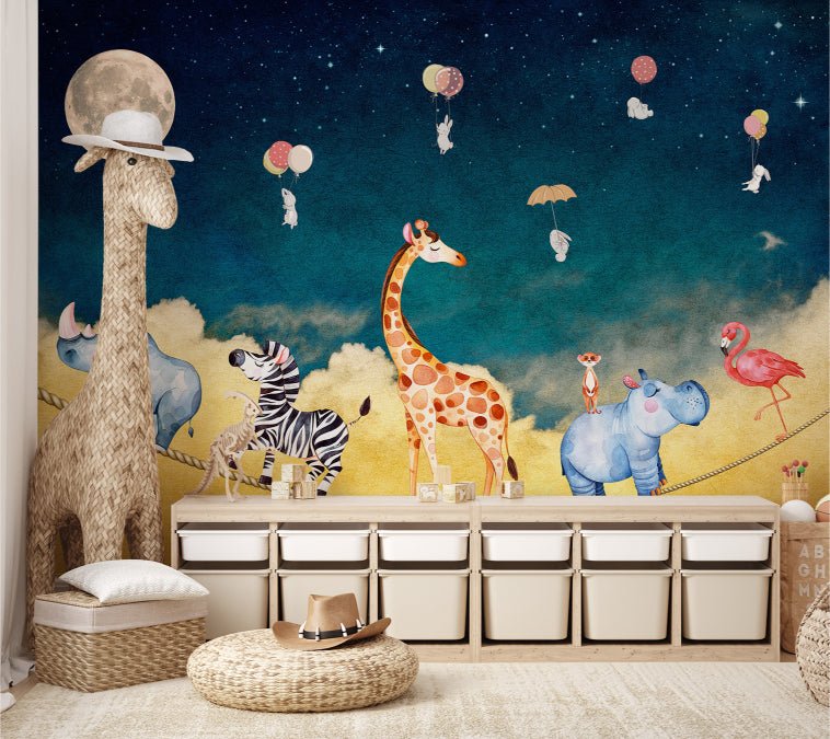 Starry night wall mural with safari animals and balloons.