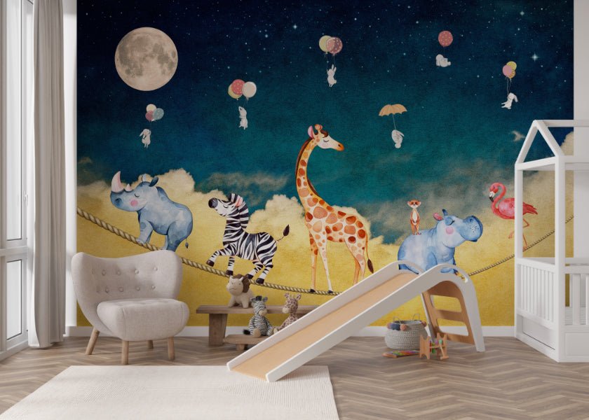 Night Sky Safari Wall Mural in navy and yellow for a creative space.