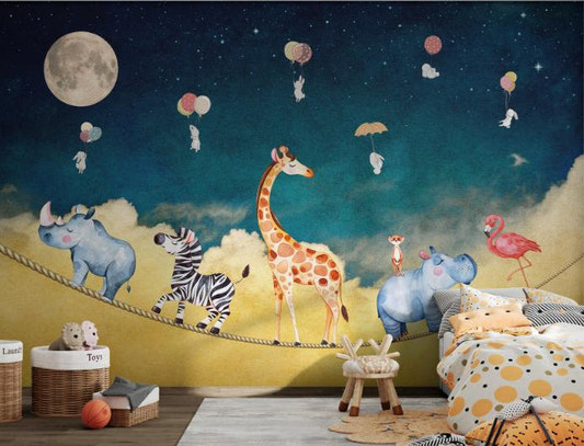Dark blue space wall mural with a full moon for children's bedroom.