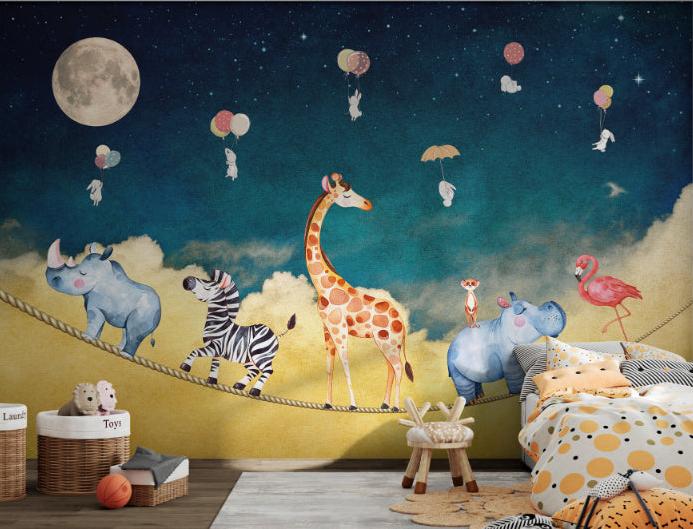 Dark blue space wall mural with a full moon for children's bedroom.