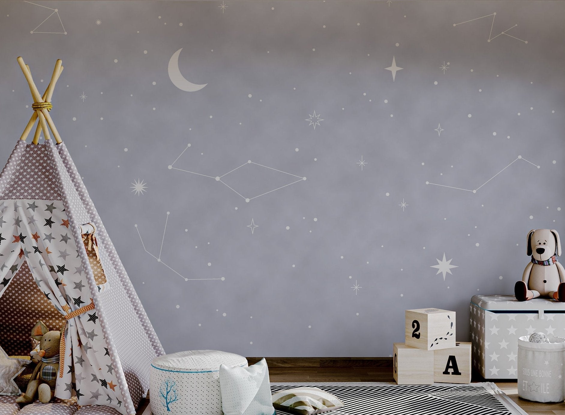 Light blue celestial wall mural featuring constellations for toddler room.