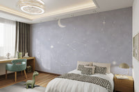 Night Sky Wonders Wall Mural with bright white stars for kids bedroom.