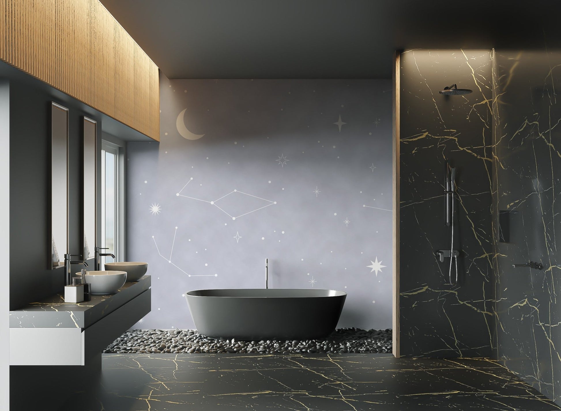 White constellations on grey background wall mural for bathroom.
