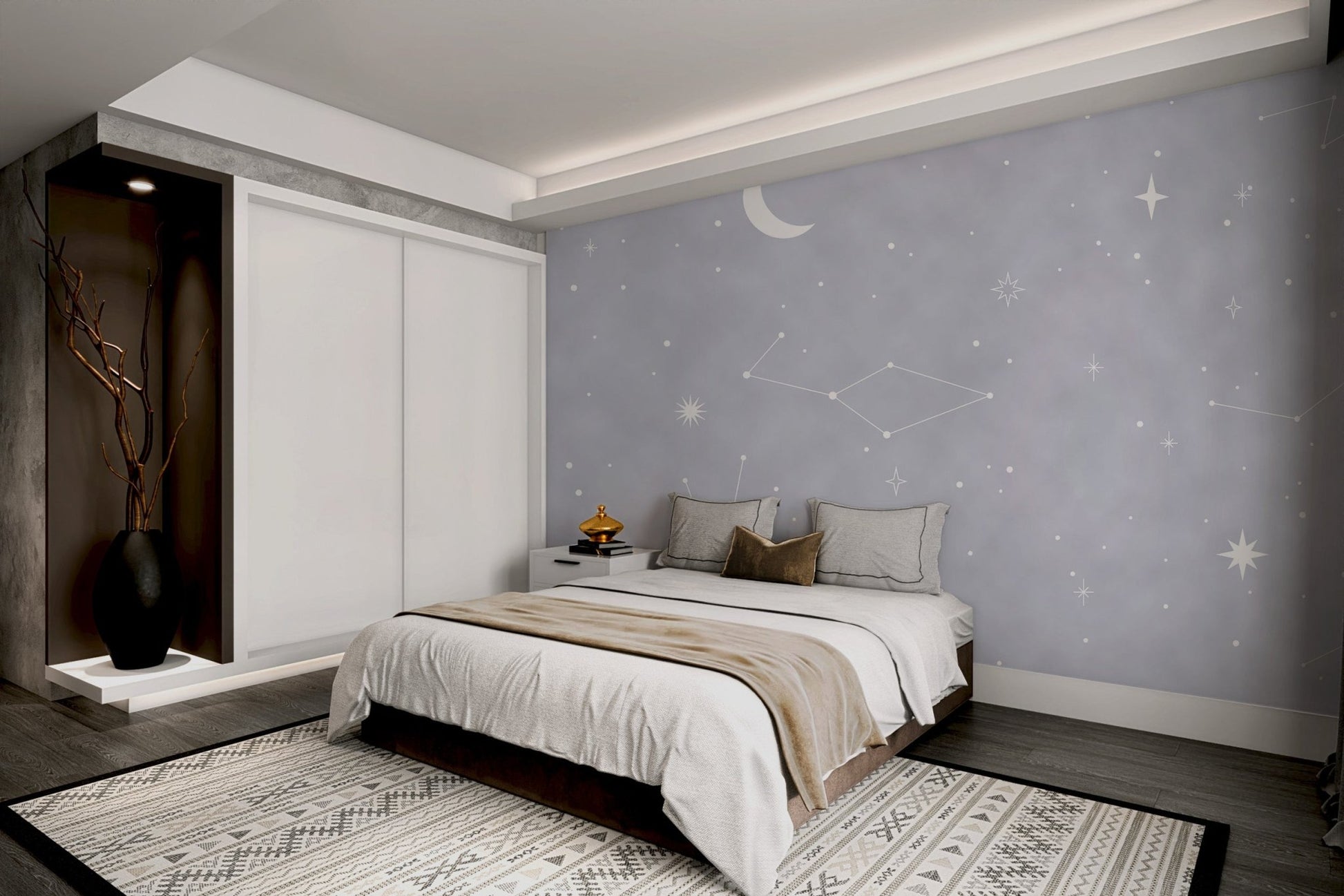 Subtle blue celestial wall mural with constellations for modern bedroom.