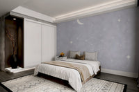 Subtle blue celestial wall mural with constellations for modern bedroom.