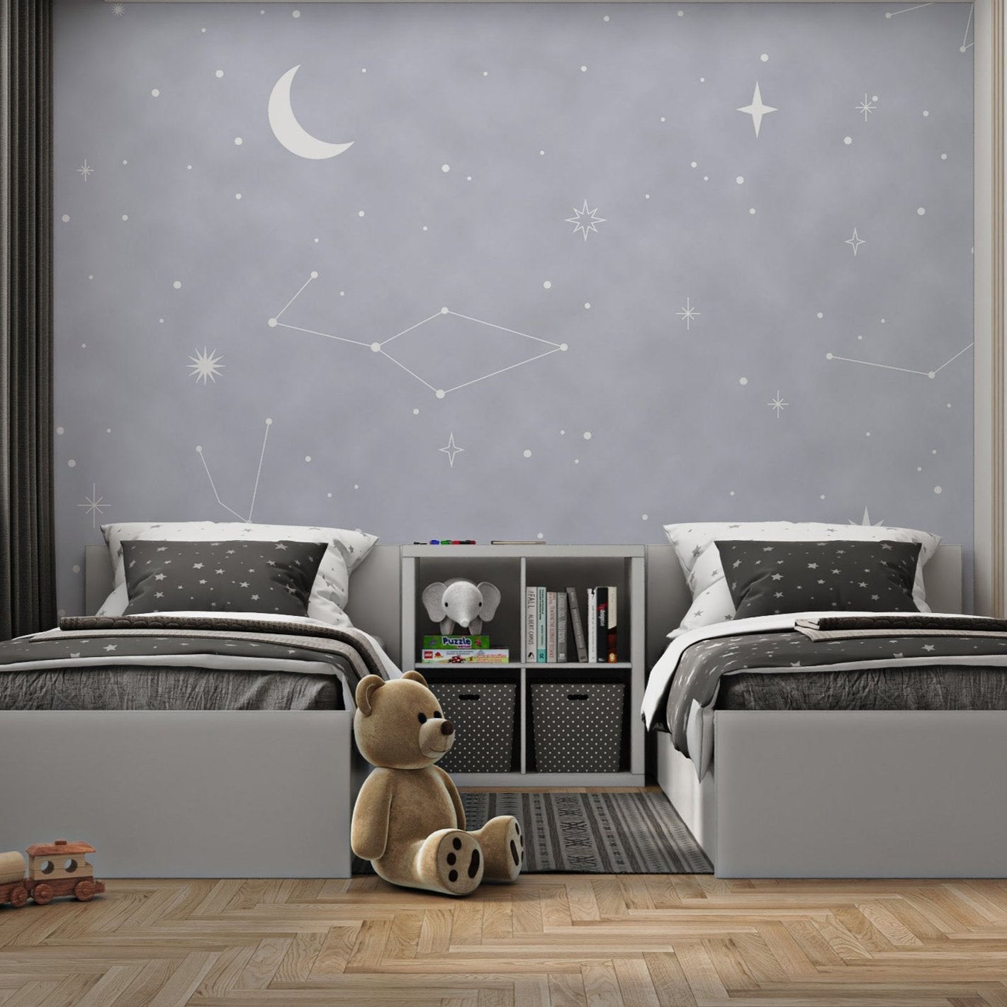 Grey night sky mural with white stars and crescent moon for twin bedroom.