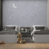 Grey night sky mural with white stars and crescent moon for twin bedroom.