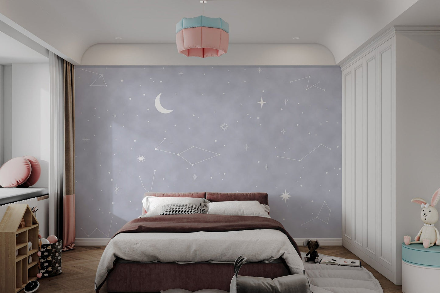 Night Sky Wonders Wall Mural displaying space elements for bedroom.