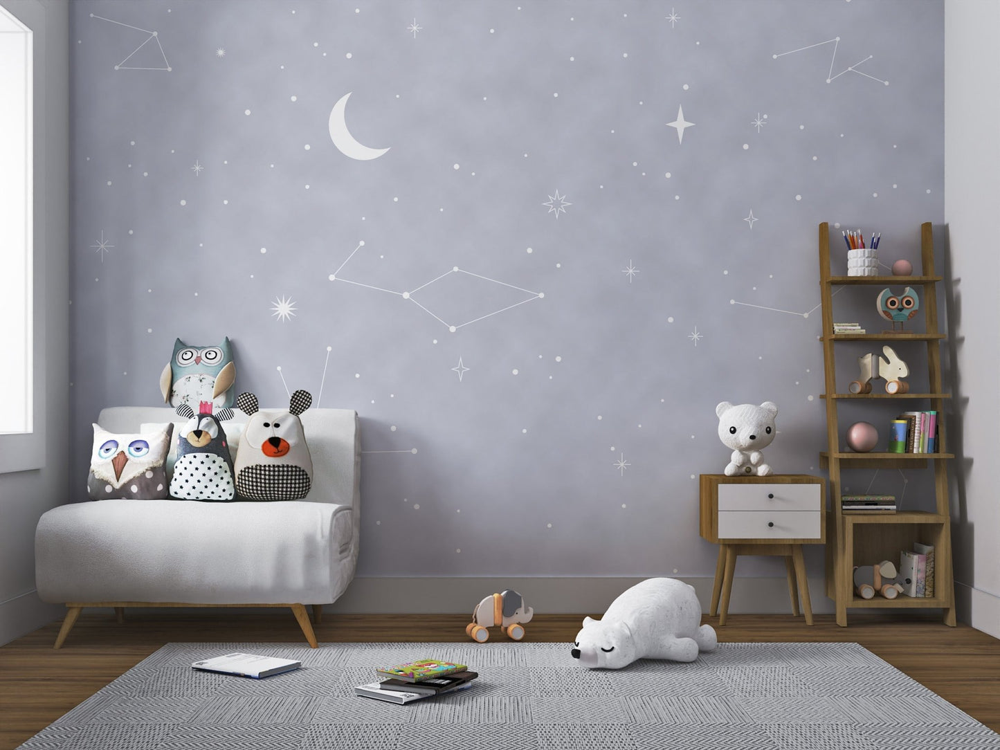 Hazy grey starry night wall mural for modern kids play area.