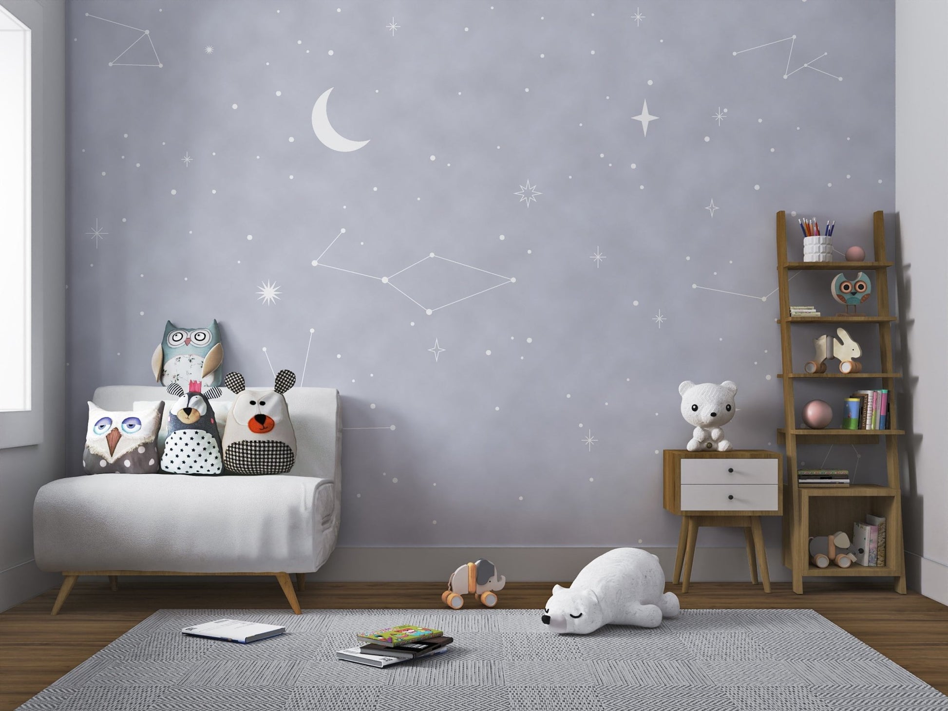 Hazy grey starry night wall mural for modern kids play area.