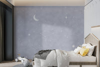 Minimalist night sky wall mural with moon and star shape. 