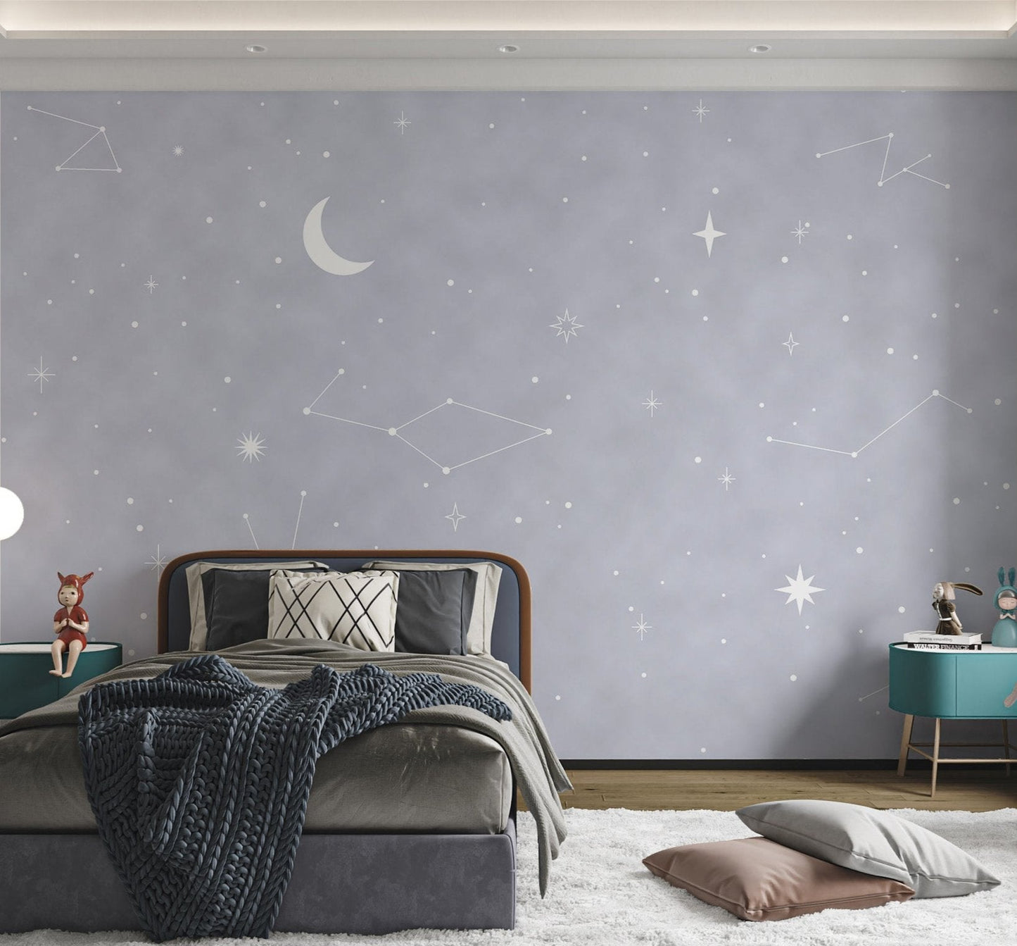 Night Sky Wonders Wall Mural with subtle space theme for kids bedroom.