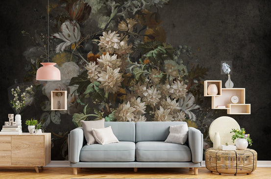 Vintage nocturne bouquet wall mural in a sitting room.