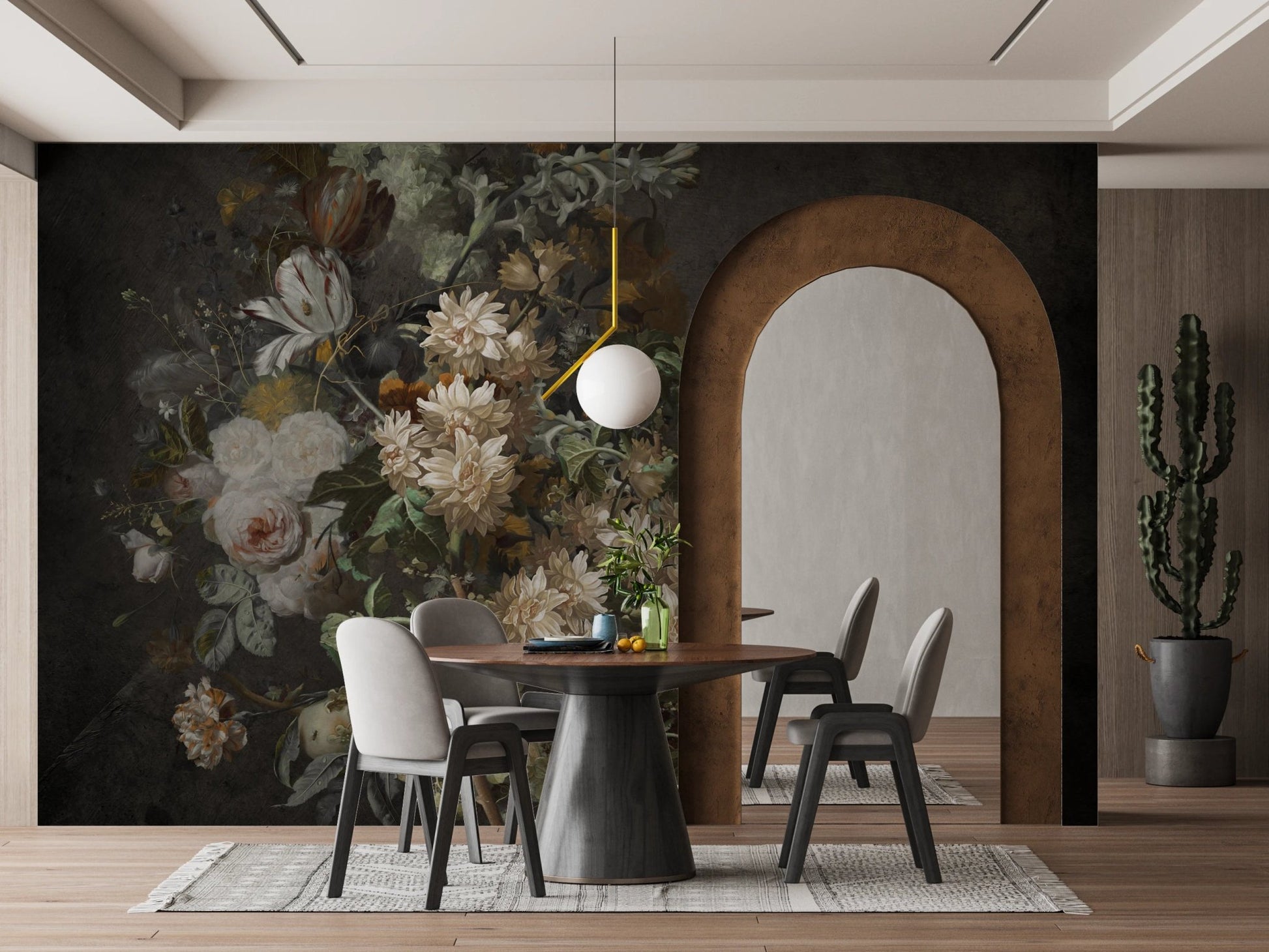 Dark aesthetic bloom wall mural in a minimalist dining room with archway.