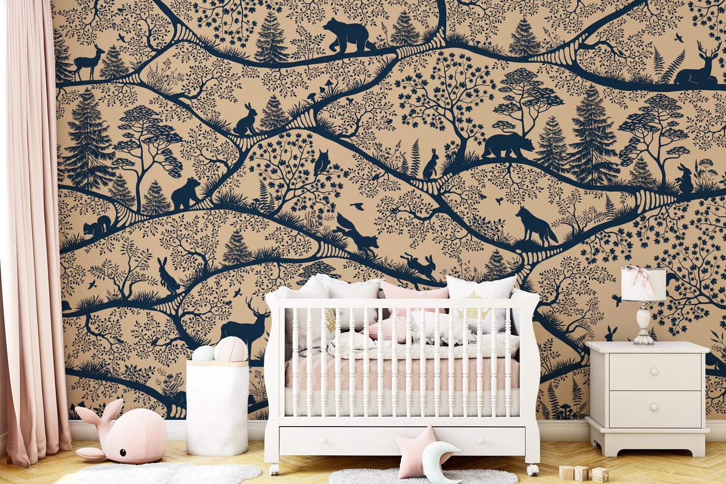 Nordic Nature Beige Blue Wall Mural in a nursery with a white crib and pink curtains.