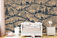 Nordic Nature Beige Blue Wall Mural in a nursery with a white crib and pink curtains.