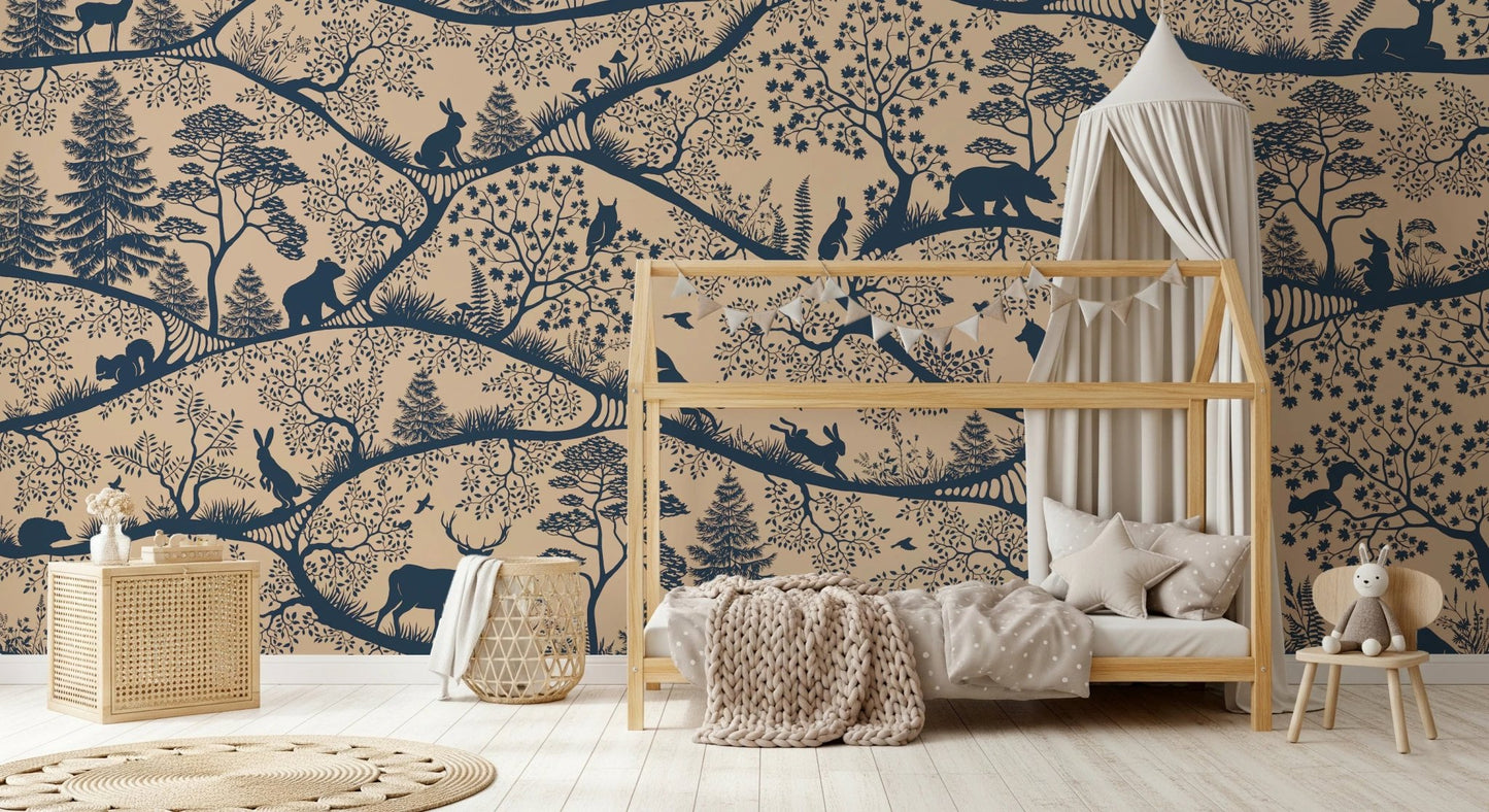 Nordic Nature mural behind a wooden house-shaped bed in a bright playroom.
