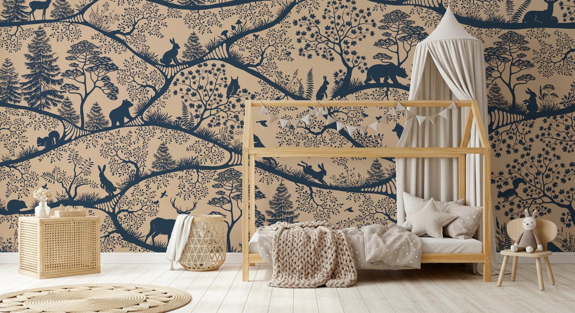 Nordic Nature mural behind a wooden house-shaped bed in a bright playroom.