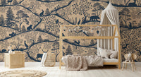 Nordic Nature mural behind a wooden house-shaped bed in a bright playroom.
