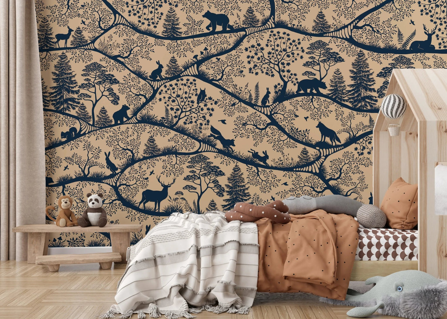 Nordic woodland animal wall mural featuring bears and deer in a minimalist kids' bedroom.