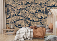Nordic woodland animal wall mural featuring bears and deer in a minimalist kids' bedroom.