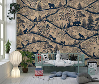 Nordic animal pattern wall mural used as a feature wall in a nursery with a light wood crib.