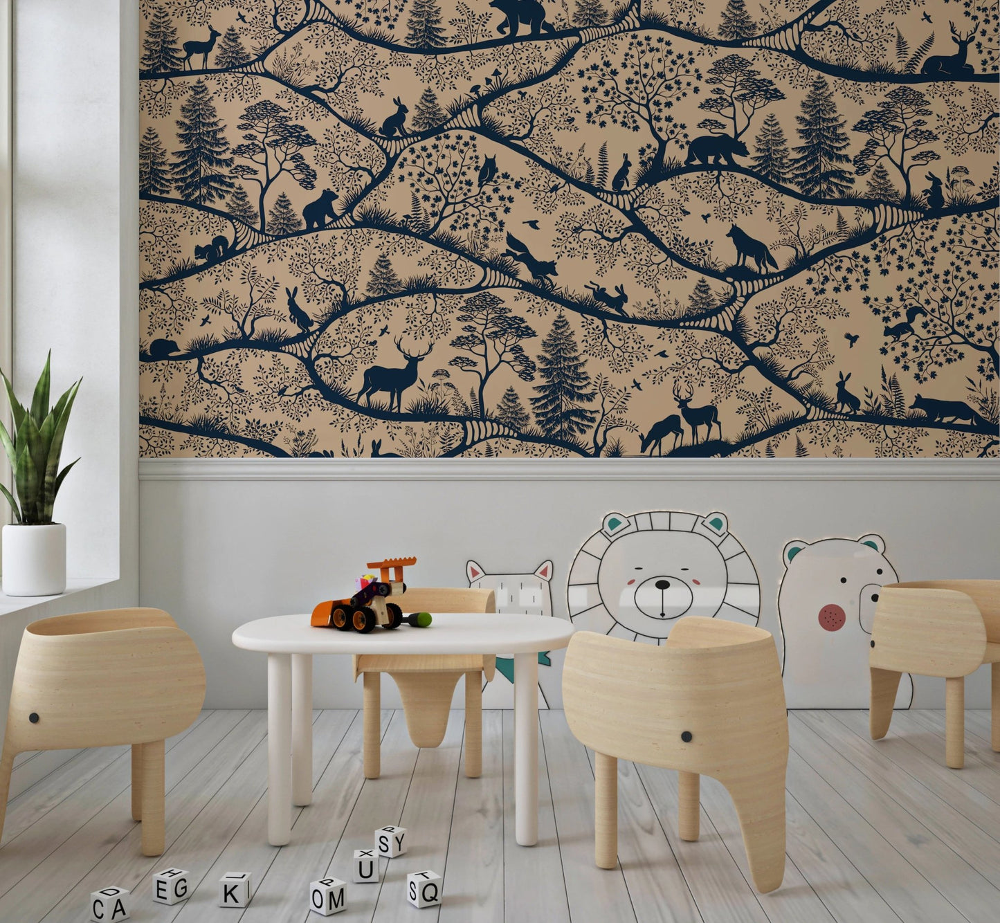 Nordic Nature Beige Blue Wall Mural in a playroom with a white table and chairs.